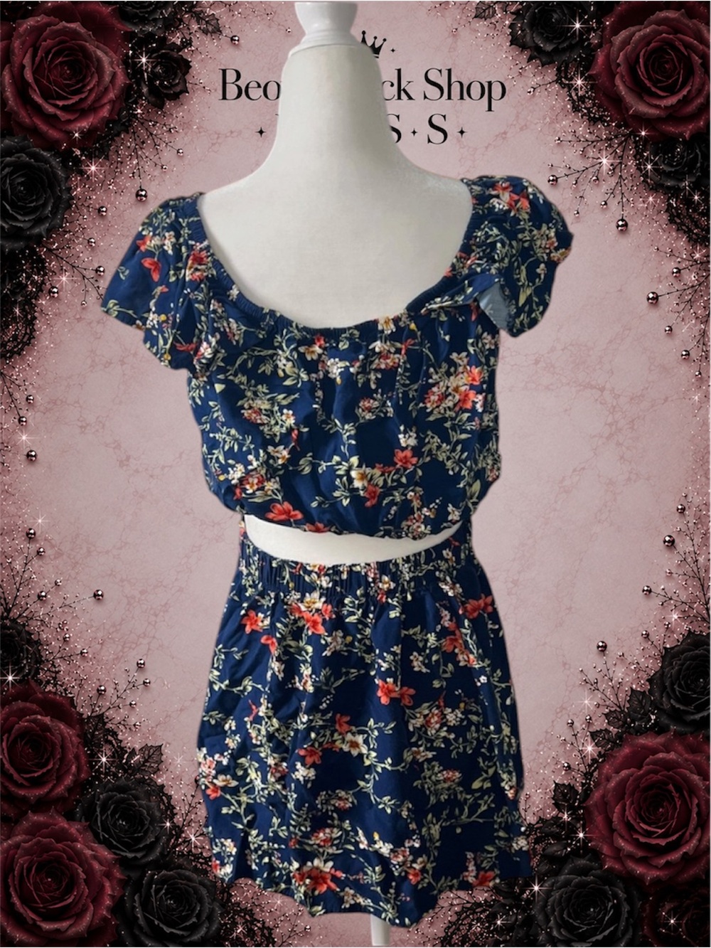Preowned Xhilaration Floral 2-Piece Set Crop Top Medium & Skirt XS Blue Red Flor - Picture 7 of 10